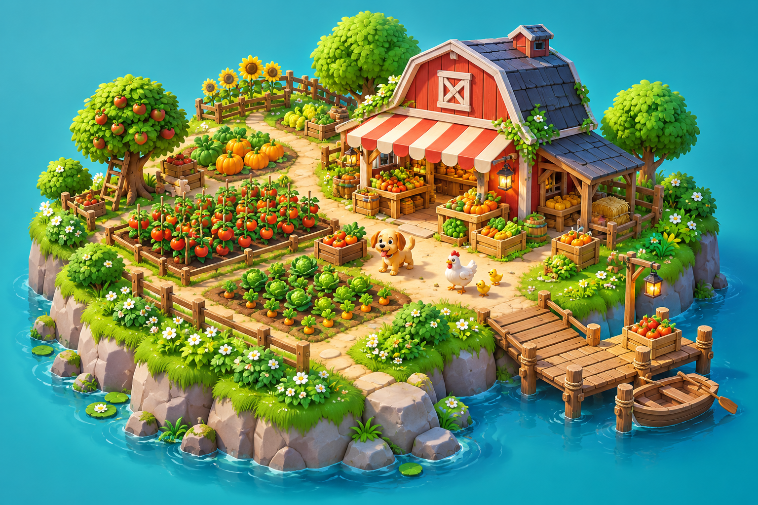 An imaginative miniature farm and market island, with fresh produce, a puppy, and chickens